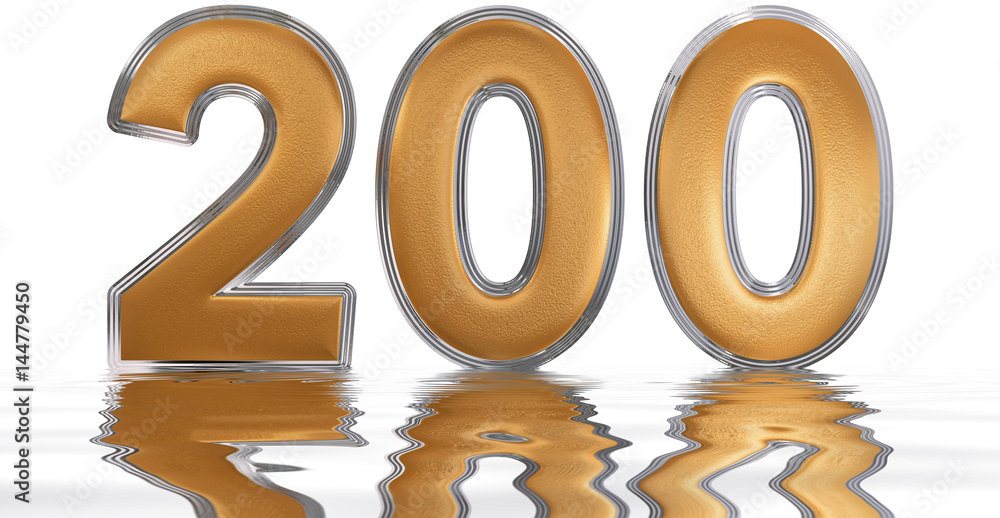 Numeral 200, two hundred, reflected on the water surface, isolated on white, 3d render Numeral 200, two hundred, reflected on the water surface, isolated on white, 3d render