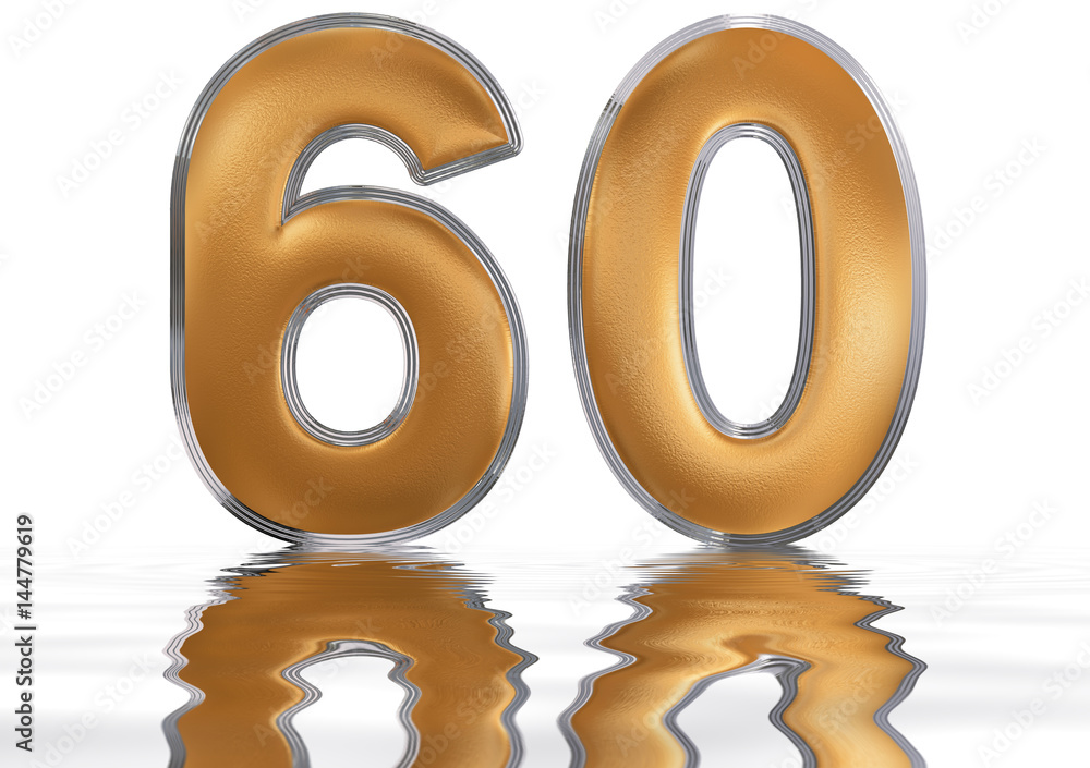 Numeral 60, sixty, reflected on the water surface, isolated on white, 3d render Numeral 60, sixty, reflected on the water surface, isolated on white, 3d render