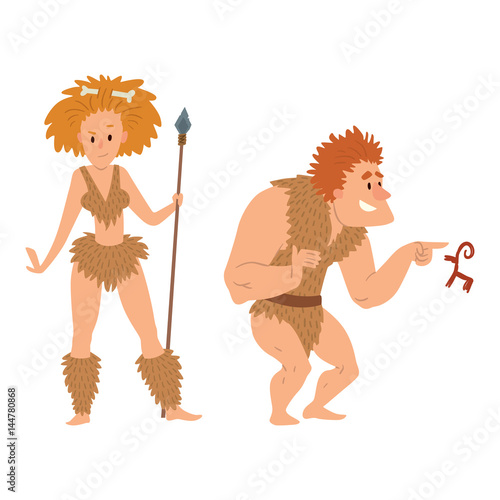 Caveman primitive stone age cartoon neanderthal people character evolution vector illustration.