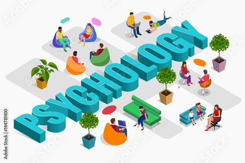 Psychological therapy concept. Coach and support group in individual during psychological therapy. Flat isometric vector illustration.