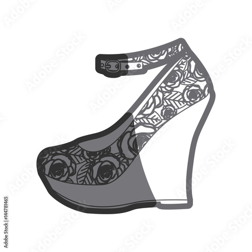 gray thick contour of high heel platform shoe with floral decoration vector illustration