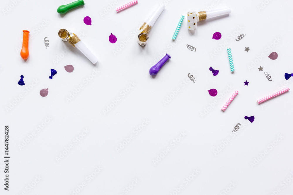 birthday party set with confetti on white background top view mock up birthday party set with confetti on white background top view mock up