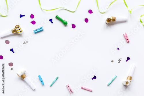 birthday party set with confetti on white background top view mock up