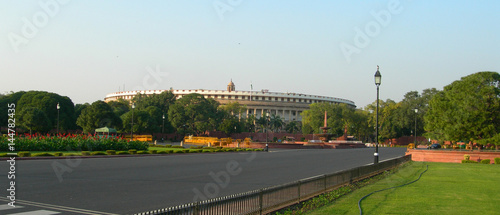 Indian Parliament building complex and adjacent landscaped park in New Delhi, India