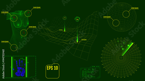 Radar screen with Virus-infected body, planet, map, targets and futuristic user interface HUD. Green infographic elements. Zombie apocalypse concept. Vector.
