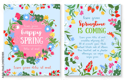 Spring holiday poster with flower and berry wreath