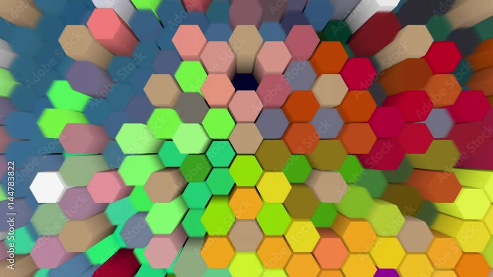Prismas Hexagonales de Colores cambiantes con movimiento percutivo. Animación 3d Prismas Hexagonales de Colores cambiantes con movimiento percutivo. Animación 3d