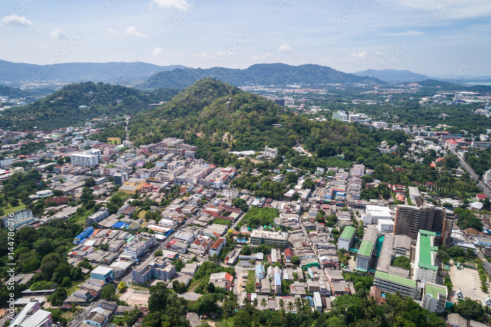 Phuket old town with old buildings in Sino Portuguese style is a very famous tourist destination. Aerial view from flying drone