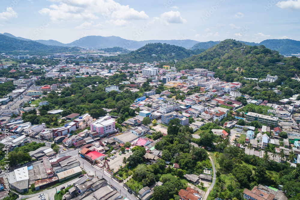 Phuket old town with old buildings in Sino Portuguese style is a very famous tourist destination. Aerial view from flying drone