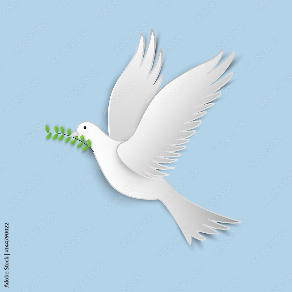 Obraz premium vector illustration of white paper cutout dove with a green twig olive on blue sky.