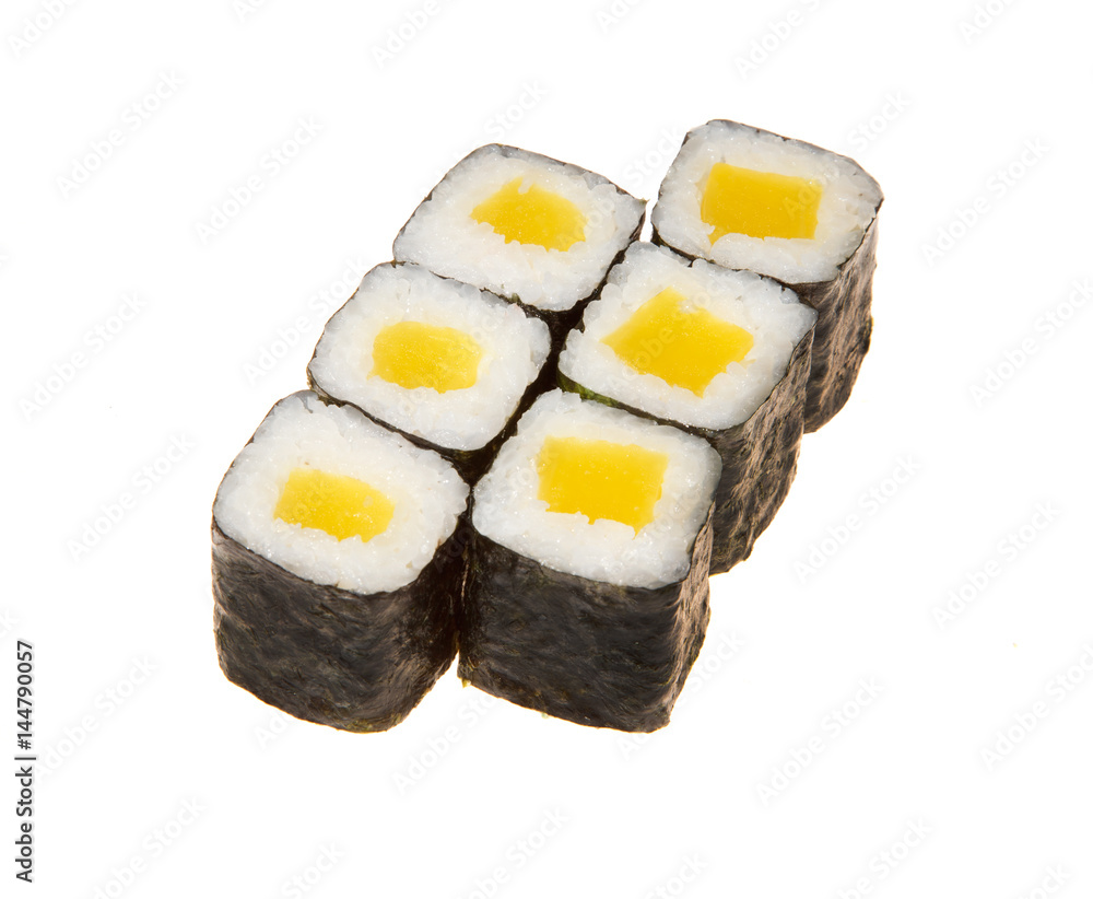 A sushi roll set with nori on white background A sushi roll set with nori on white background