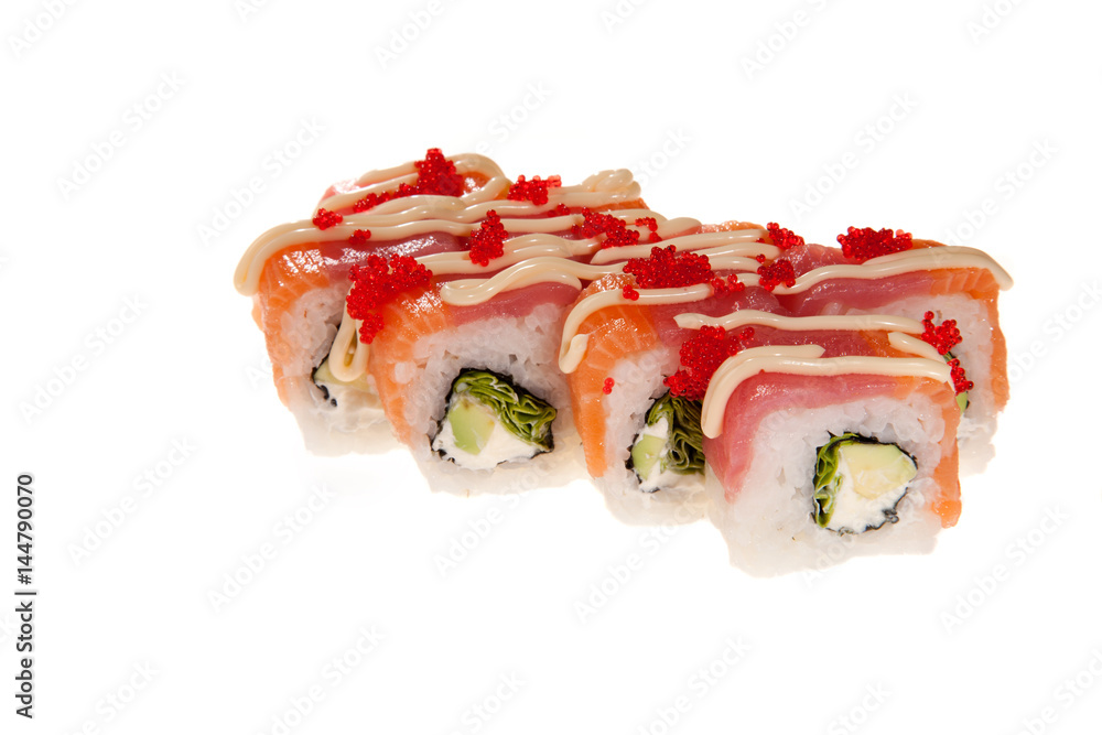 A sushi roll with salmon set on white background A sushi roll with salmon set on white background