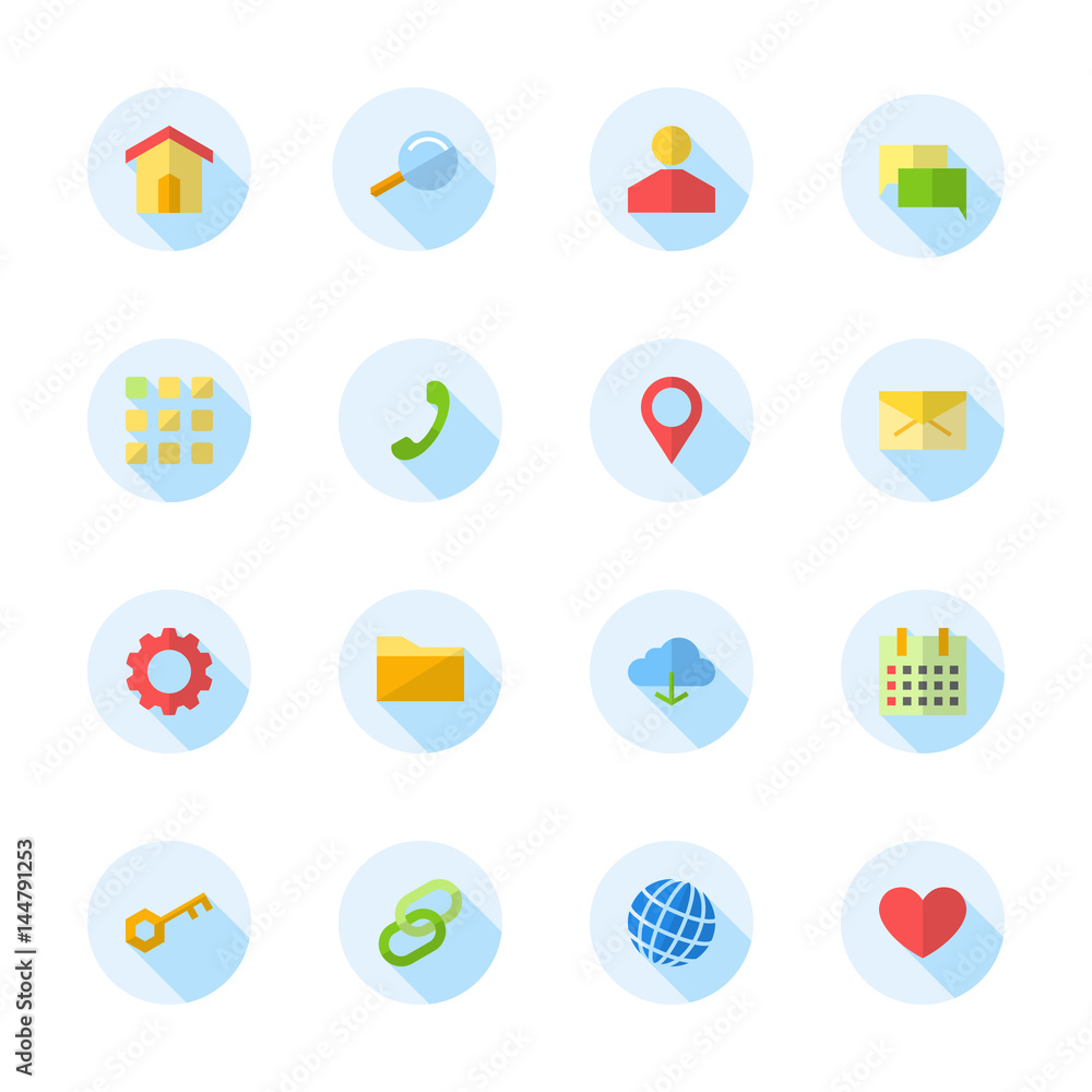 Set of 16 black material design flat web icons on circle with long shadow vector illustration for web design, user interface (UI) and infographic Set of 16 black material design flat web icons on circle with long shadow vector illustration for web design, user interface (UI) and infographic