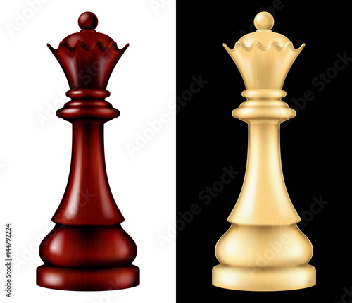 Wooden chess piece Queen, two versions - white and black. Vector illustration.