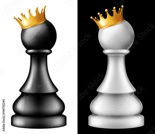 Chess piece Pawn with golden crown, two versions - white and black. Vector illustration.