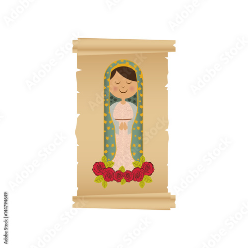 background with canvas of virgin of guadalupe with floral ornament of roses vector illustration
