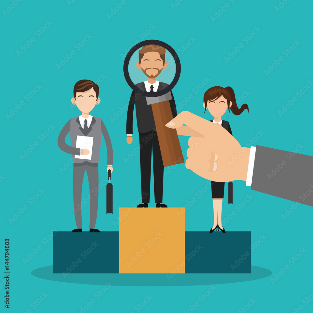 people and hand with magnifying glass icon over blue background. human resources concept. colorful design. vector illustration people and hand with magnifying glass icon over blue background. human resources concept. colorful design. vector illustration