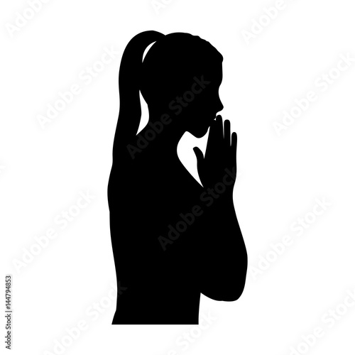 black silhouette of half body woman praying vector illustration