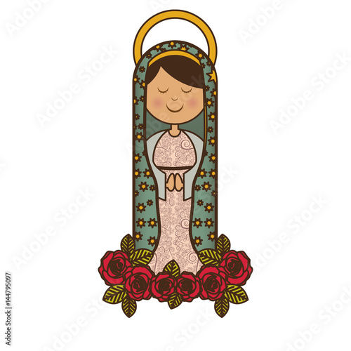 white background of virgin of guadalupe and ornament of roses vector illustration