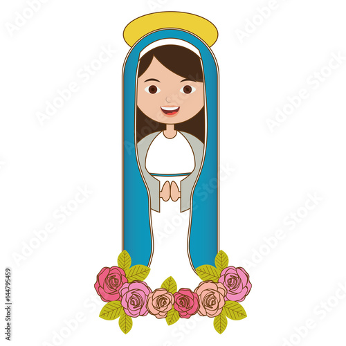 white background of pretty christian virgin and ornament of pink roses vector illustration