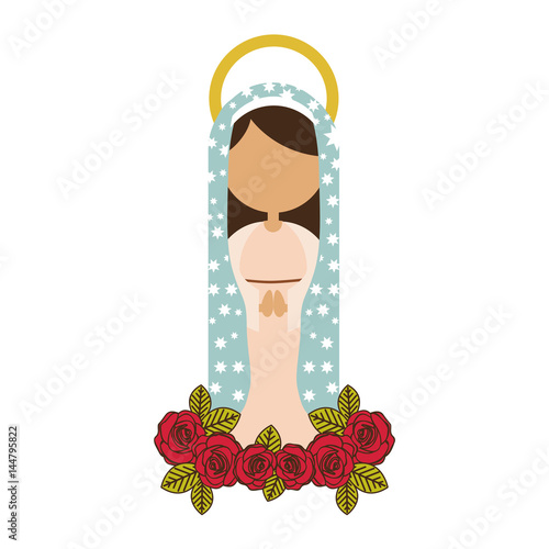 white background of faceless virgin of guadalupe with light blue mantle and red roses vector illustration