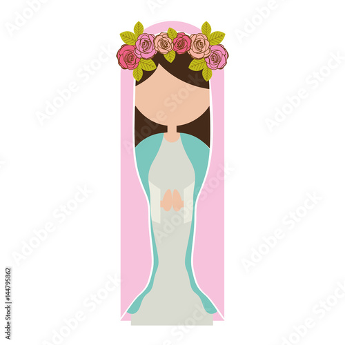 white background of faceless virgin with crown of roses and pink mantle vector illustration