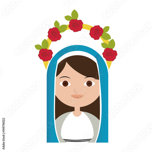 white background of half body beautiful virgin with crown of roses and blue mantle vector illustration