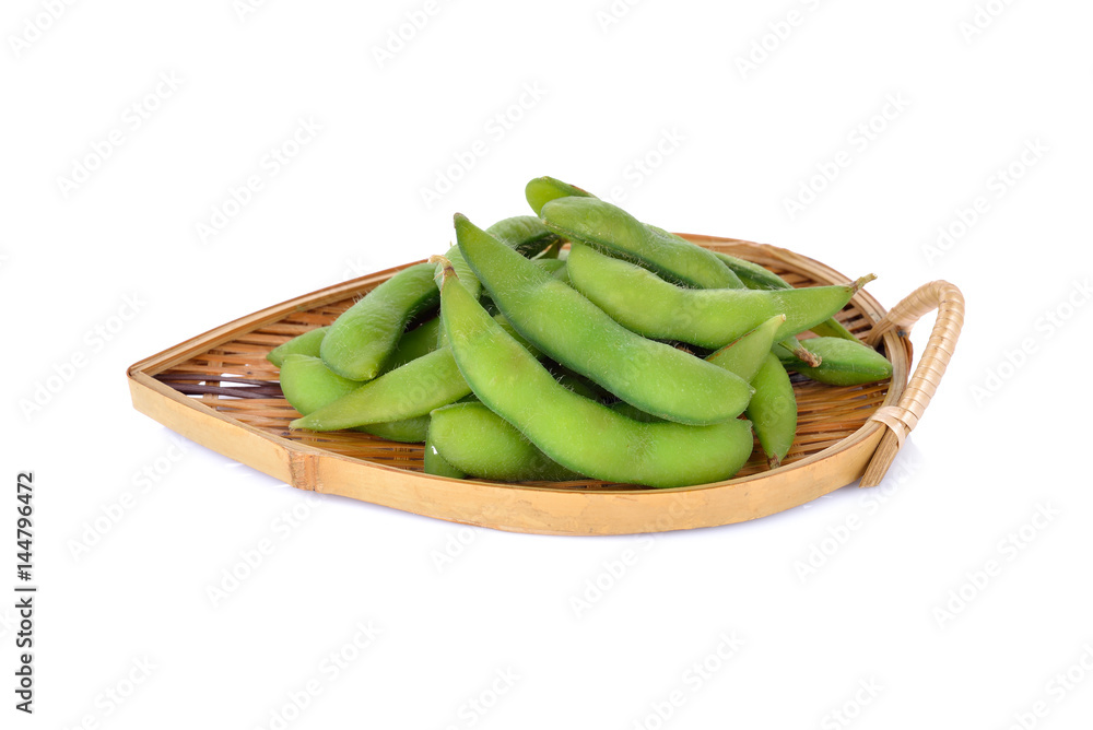 boiled Japanese green soybeans (Edamame-Japanese text) in basket and on white background boiled Japanese green soybeans (Edamame-Japanese text) in basket and on white background