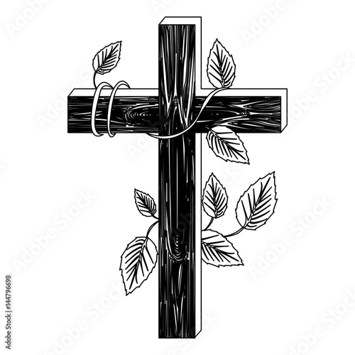 black silhouette of wooden cross and creeper plant vector illustration