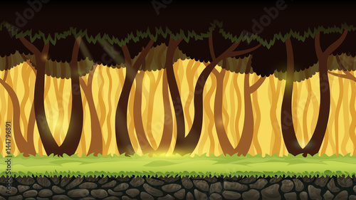 Horizontal seamless background illustration of forest for mobile app, web, game with trees and yellow sunset sky. Vector template.