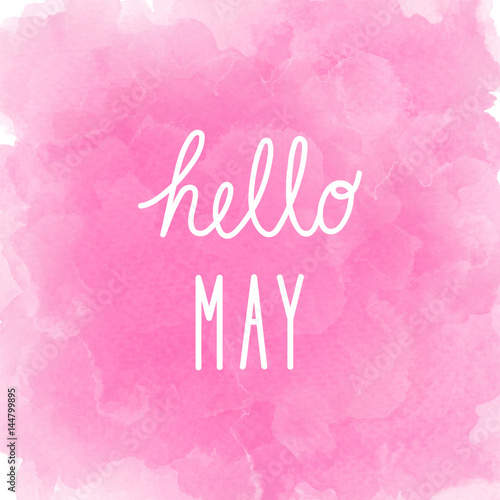 Hello May greeting on abstract pink watercolor background