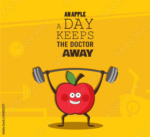 poster of happy apple exercise at a gym. Healthy lifestyle motivation poster