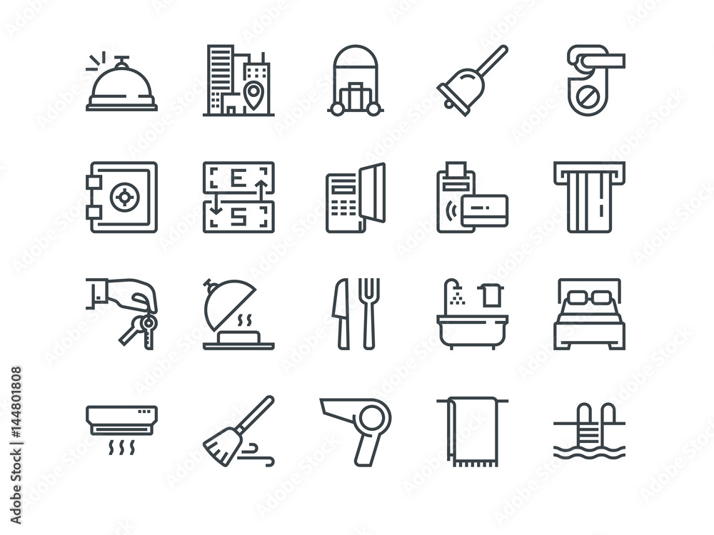 Hotel. Set of outline vector icons. Includes such as Reception, Bag, Currency Exchange and other. Editable Stroke. 48x48 Pixel Perfect. Hotel. Set of outline vector icons. Includes such as Reception, Bag, Currency Exchange and other. Editable Stroke. 48x48 Pixel Perfect.