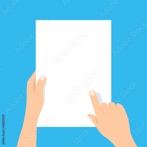 Hand holding paper. Vector illustration isolated on blue. White blank vertical sheet of paper, mockup for advertisement, information, presentation, message, banner. Flat design.