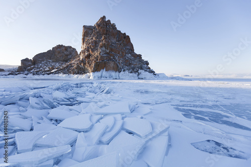 Lake Baikal ice. Olkhon island. Shamanka rock. Winter landscape