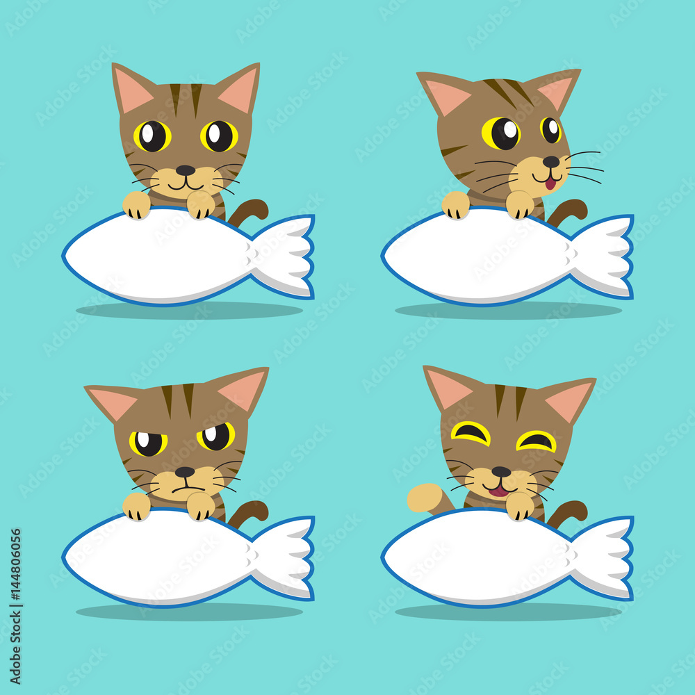 Cartoon character brown tabby cat with big fish sign Cartoon character brown tabby cat with big fish sign