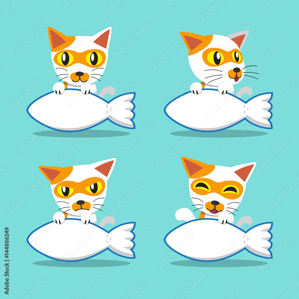 Fototapeta premium Vector cartoon character cat with big fish sign