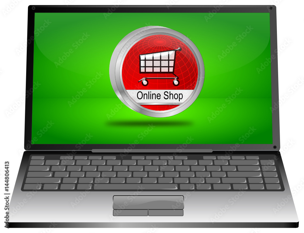 Laptop Computer with online Shop Button - 3D illustration Laptop Computer with online Shop Button - 3D illustration