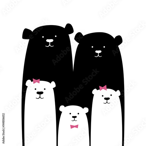 Bear family. Vector cartoon illustration isolated on white. Cute Mom, Dad, Son, Daughter, Baby. Hand drawn graphic design for interior children room, print, postcard