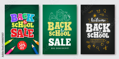 Back to school sale vector set of poster and banner with colorful title and elements in black and green background for retail marketing promotion and education related. Vector illustration.

