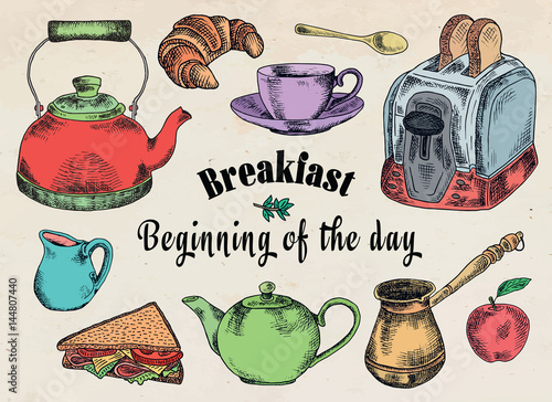 breakfast illustration. Toaster, bread, toast, apple, fruit, Turkish coffee pot, kettle, sandwich, snacks, milk pot, mug, cup, croissant, kettle, brewer, spoon, dessert