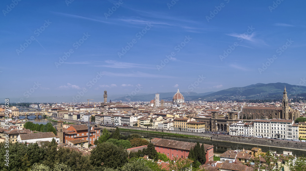Magnificent panoramic aerial view of the historic center of Florence, Tuscany, Italy, from Piazzale Michelangelo, on a sunny day