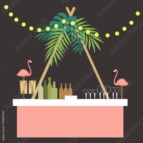 Wedding alcohol bar. Wedding card, wedding invitation.  Tropical style with flamingos. Vector illustration