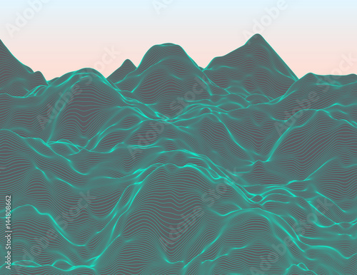 Wavy linear colorful procedural terrain. Striped digital extraterrestrial landscape. Trendy wireframe cybernetic mountains. Modern illustration for a background. Element of design.
