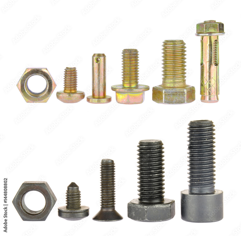 Collection of black and zinc bolts. Isolated on white background Collection of black and zinc bolts. Isolated on white background