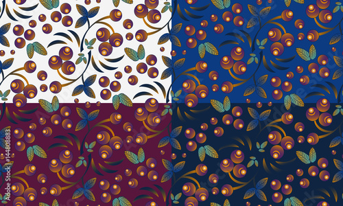 Set of seamless berry pattern with bunch of rowan in different versions in eastern colors. Traditional russian Khokhloma ornament. Vector illustration