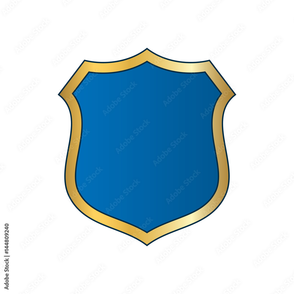 Gold-blue shield shape icon. Bright logo emblem metallic sign isolated on white background. Empty shape shield. Symbol of security, protection, defense. Shiny element design Vector illustration Gold-blue shield shape icon. Bright logo emblem metallic sign isolated on white background. Empty shape shield. Symbol of security, protection, defense. Shiny element design Vector illustration
