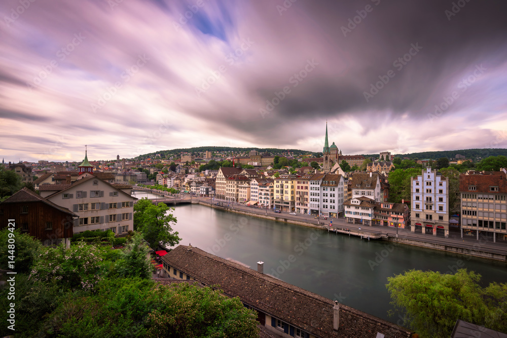 View of Zurich and Limmat River from Lindenhof Hill, Zurich, Switzerland