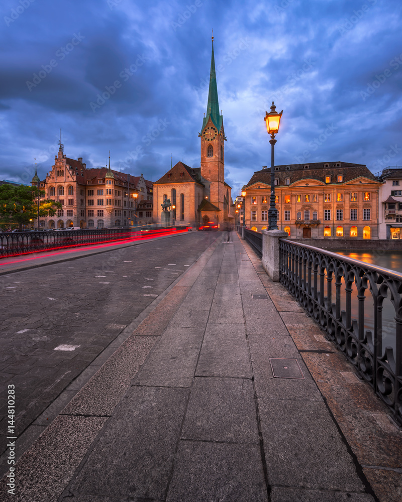 Fraumunster Church and Munster Bridge in the Evening, Zurich, Switzerland