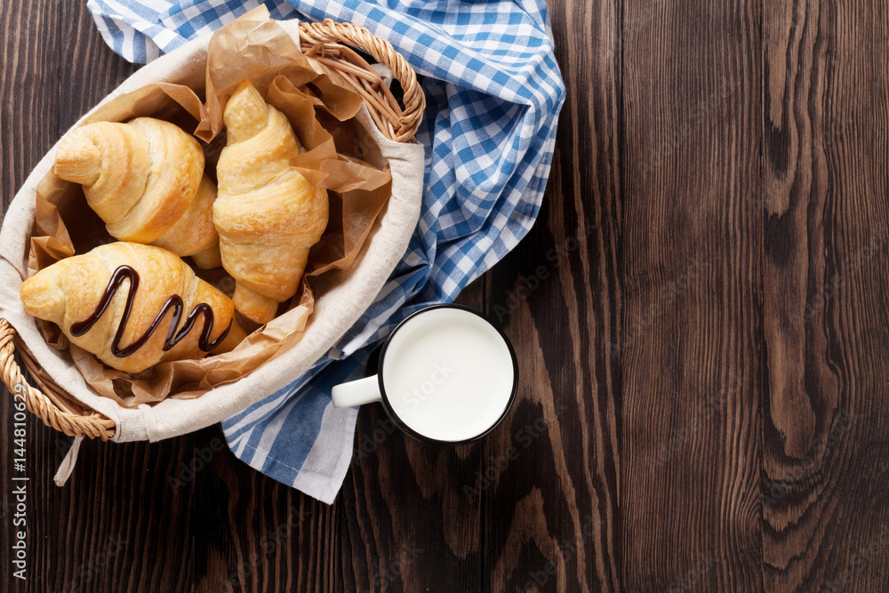 Fresh croissants basket and milk Fresh croissants basket and milk